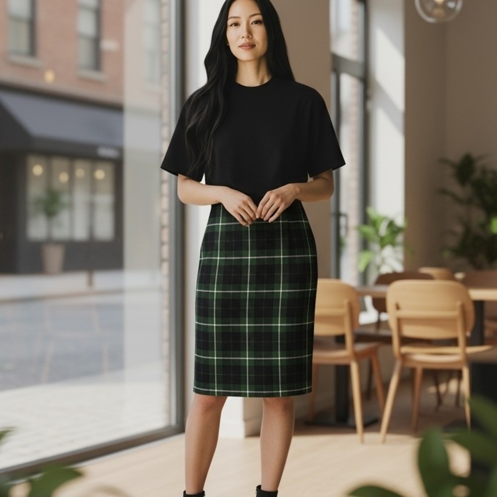 J.Jill Tartan Plaid Pencil Skirt Green Black PS Classic Heritage Style Academia
